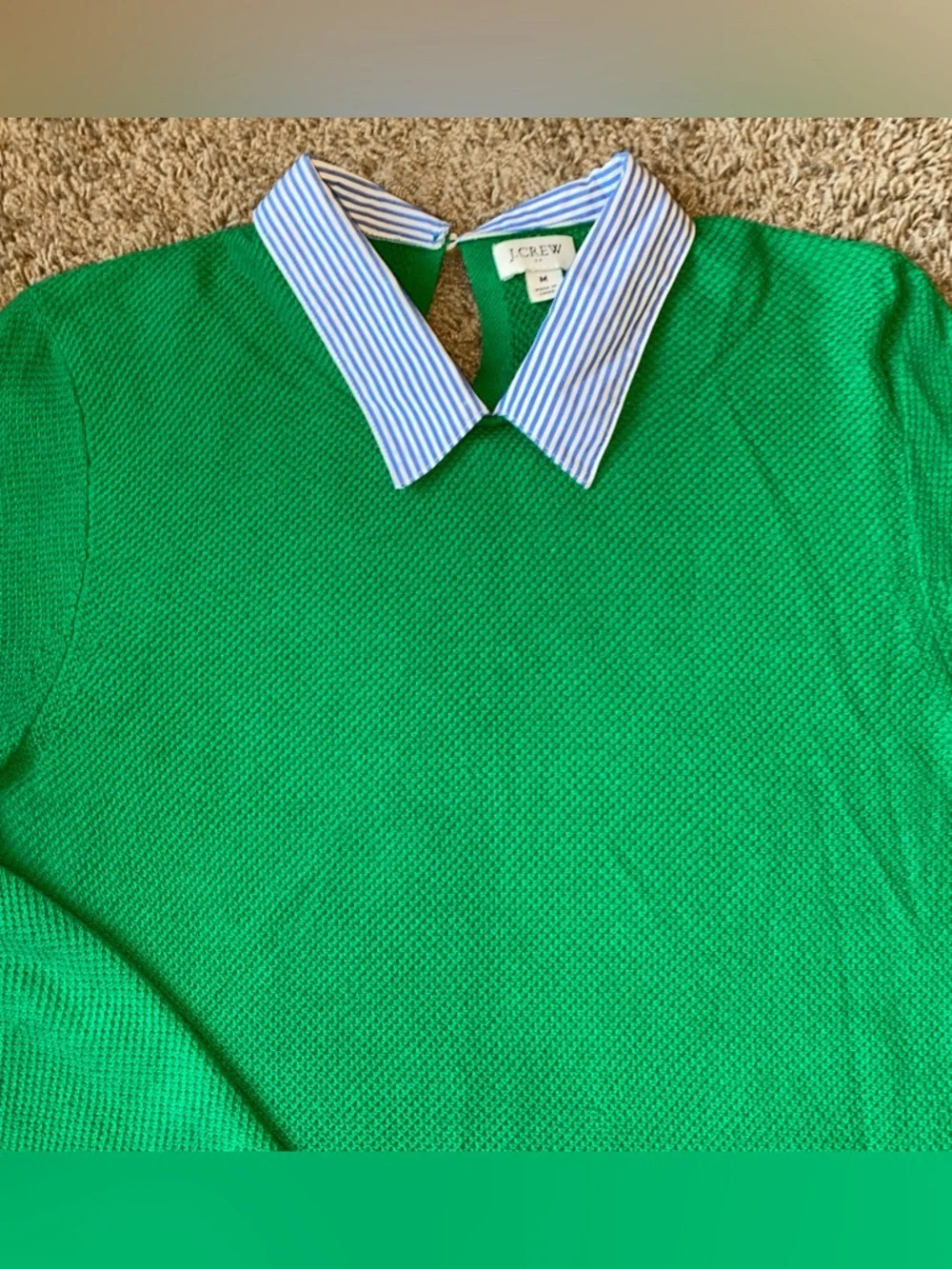 J.Crew Cotton Sweater with Contrast Striped Collar Womens M Green Preppy 90s
